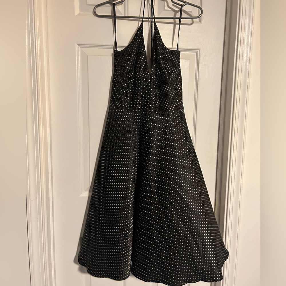 Black silky polka dot halter dress